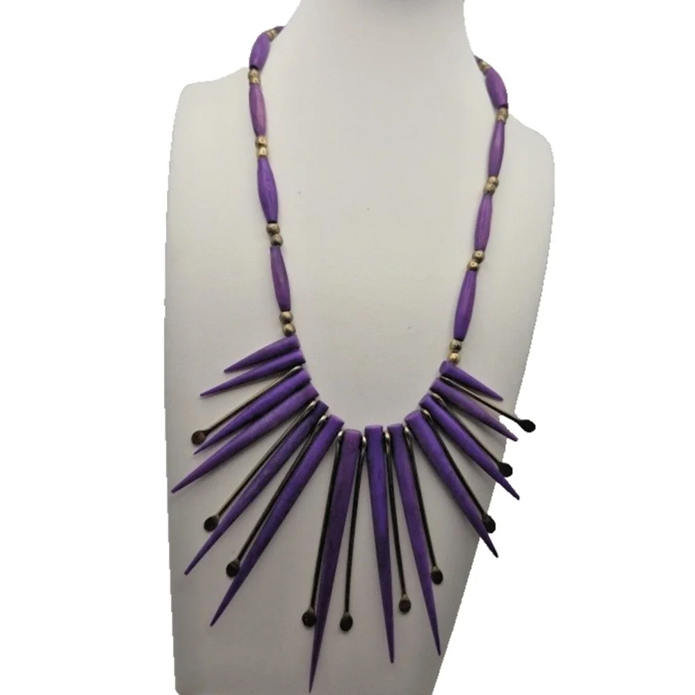Vintage Purple Spike Fringe Bib Necklace 18” Gold Tone Boho Runway Statement